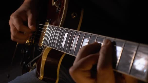 Musician Plays Guitar Studio Closeup Dark Background — Stock Video