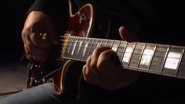 Musician Plays Guitar Studio Closeup Dark Background — Stock Video