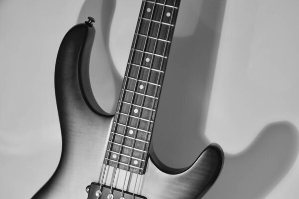 Electric bass guitar closeup . black and white