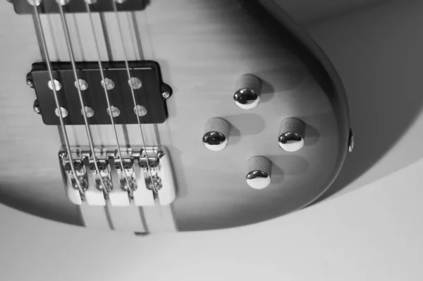 Electric Bass Guitar Closeup Black White — Stock Photo, Image