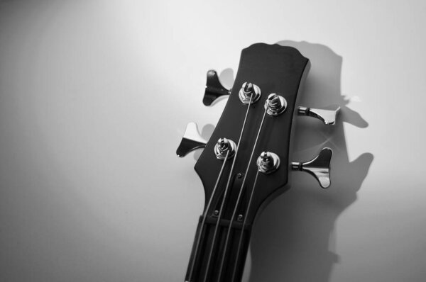 Bass guitar headstock . Closeup . Copy space