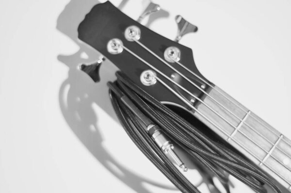 Electric bacc guitar closeup . Copy space