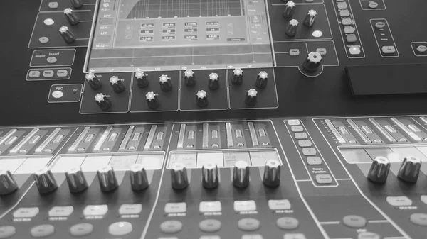 Sound Mixing Console Closeup Black White — Stock Photo, Image