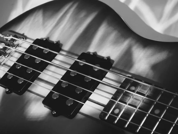 Baixo Elétrico Headstock Guitarra Close Preto Branco — Fotografia de Stock