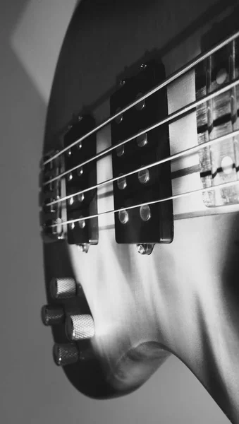 Electric Bass Guitar Headstock Closeup Black White — Stock Photo, Image