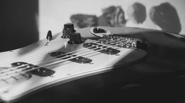 Closeup Guitarra Elétrica Preto Branco — Fotografia de Stock