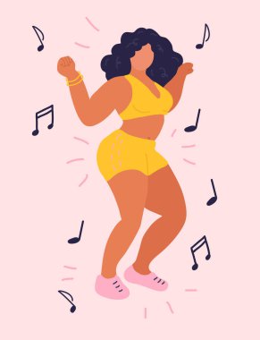 Genç güzel kız dans ediyor. Siyah saç, sarı iç çamaşırı, pembe ayakkabılar. Etrafında bir sürü müzik notası var. Mutluluk ve özgürlük. Kız gücü. Renkli arkaplanda el çizimi vctor çizimi izole.