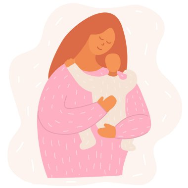 Genç bir kadın çocuğunu kucağında tutuyor. El çizimi tarzı Doodle. Annelik, ebeveynlik ve bebek bakımı kavramı. Anne ve bebek. Eğilim biçimi vektör illüstrasyonu.