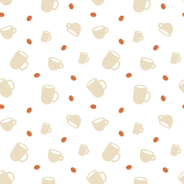 Seamless Pattern Coffee Beans Roasted Coffee Scattered Random Beige Cups — Stock Vector