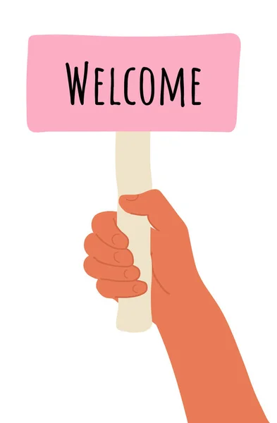 Jelvény Kézben Rajzfilm Vektor Illusztrációja Welcome Banner Emberi Kézben Fehér — Stock Vector