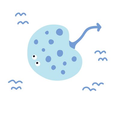 Vektör eli çizilmiş elektrik ışını. Siyahi çocukların resimlerini, posterlerini, beyaz arka planda İskandinav tarzında şirin bir ışınla bastır. Sevimli bebek hayvanlar. Su altında..