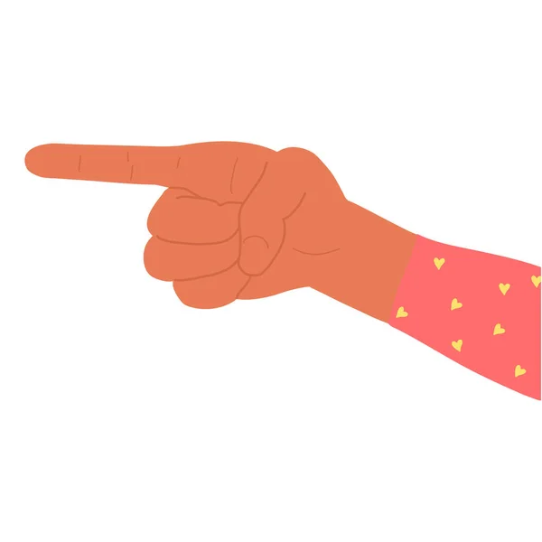 Vector flat style pointing fingers hand gesture. Afro American dark skin color. sign show and to specify, clarify emotion. colorful clothes. Pointing up female hand. Isolated on white background — Stock Vector