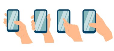 Phone in a hand of white woman isolated on white background. Different types of Hand holding smart phone. touchpad. Flat design vector illustration set