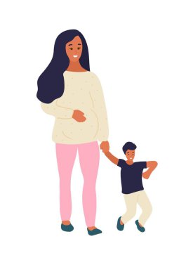 Hand drawn flat style vector illustration. Pregnant woman is walking with a little boy or her son. Many children, sibling concept
