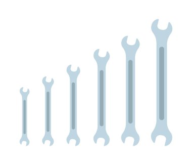 Wrench simgesi düz elementler kümesi. Küçükten büyüğe. Boyut. Web mobil uygulama logosu tasarımı için temiz arkaplan üzerinde izole edilmiş anahtar simgelerinin gri renkli vektör çizimi.