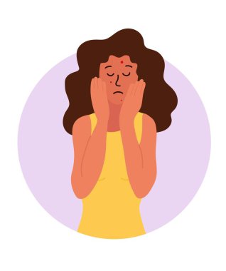 Cilt sorunları olan genç bir kız. Sivilceler, yüzünde kırmızı püskürmeler. Üzgün kadın elleriyle yüzünü kapatıyordu. Kafkasyalı kız, açık tenli, kahverengi saçlı. Çizgi film el çizimi vektör illüstrasyonu.