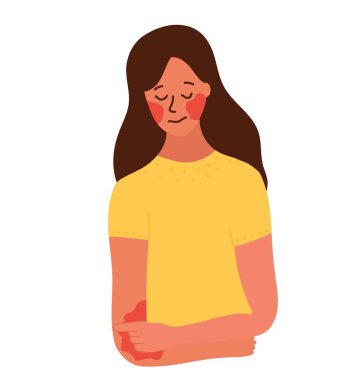 Üzgün kadın ya da dirseğinde döküntü olan kız. Dermatoloji. Alerji. Çizgi film vektör çizimi beyaz üzerine izole edildi