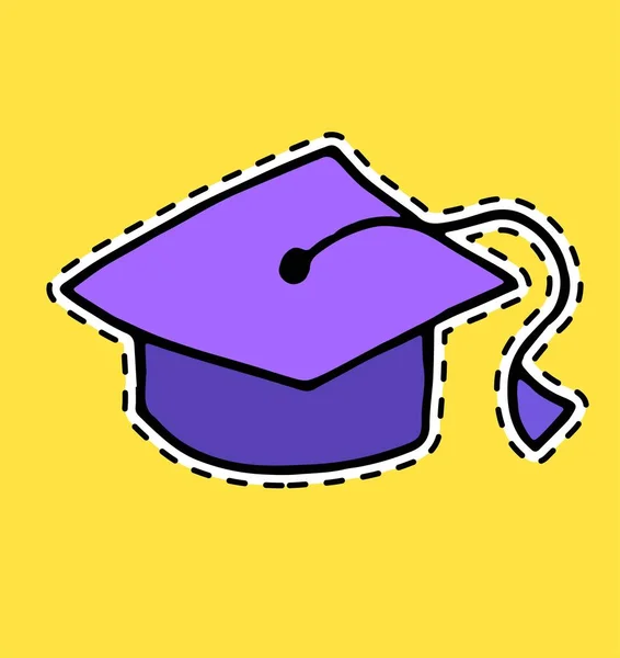 Colored sticker of hand drawn student s cap. The end of College. Funny picture with dotted stroke. Doodle illustration black stroke isolated on white background