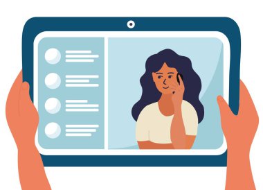 Genç güzel kadın tablet cihaz ekranında, konferans görüntüsü vektör illüstrasyon tasarımı. İş sorununu çöz. İnsan el ele tutuşma cihazı ve çevrimiçi iletişim. Renkli el çizimi çizgi film.