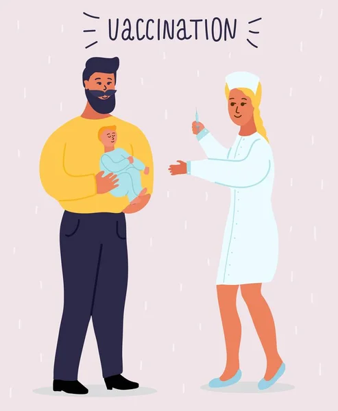 ブロンドの病院の看護師が少女をワクチン接種してる 髭を生やした父親は子供を手に持っている 定期予防接種 インフルエンザ コロナウイルスからの保護 シリンジ制服だ 白い背景に描かれた漫画のベクトルイラスト — ストックベクタ