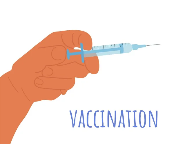 Cartoon Hand Houdt Een Spuit Met Een Vaccin Vaccinatie Letters — Stockvector