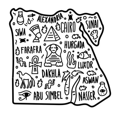 El çizimi Mısır haritası. Şehir isimleri harfler ve karikatür simgeleri, turistlerin ilgi odağı. Trip Comic Infographic posteri, afiş konsept tasarımı. Kahire, İskenderiye. Çizgi film haritası