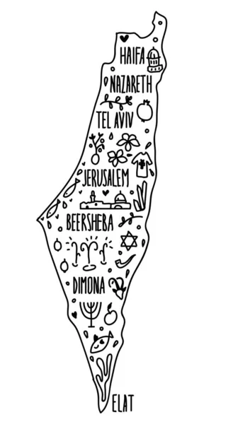 Ręcznie rysowana mapa Łotwy. Łotewskie nazwy miast liternictwo i kreskówkowe zabytki, atrakcje turystyczne cliparts. podróże, projektowanie banerów. Ryga, Ventspils, symbole poczty — Wektor stockowy