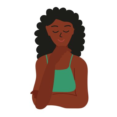 Siyah tenli Afrikalı kız gülümsüyor. Avuç içi çenede. Düşünüyor, hayal kuruyor ya da plan yapıyor. Mutluluk, zevk, neşe. Uzun kıvırcık saçlı, yeşil iç çamaşırlı. Çizgi film vektör çizimi beyaz üzerine izole edildi