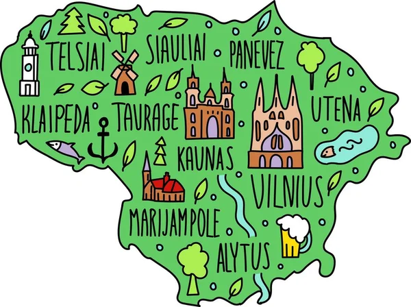 Barevná Ručně Kreslená Mapa Litvy Litevské Názvy Měst Písmo Kreslené — Stockový vektor