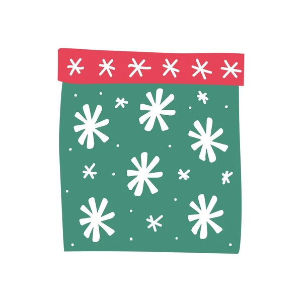 Vánoční Dárek Jasně Bílými Vločkami Vtipná Zelená Krabice Červenou Čepicí — Stockový vektor