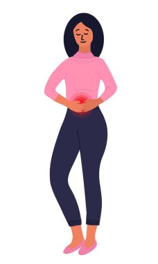 Genç bir kadın midesinde güçlü bir ağrı hisseder. Mide hastalığı, ülser, mide iltihabı. Çizgi film vektör illüstrasyonu