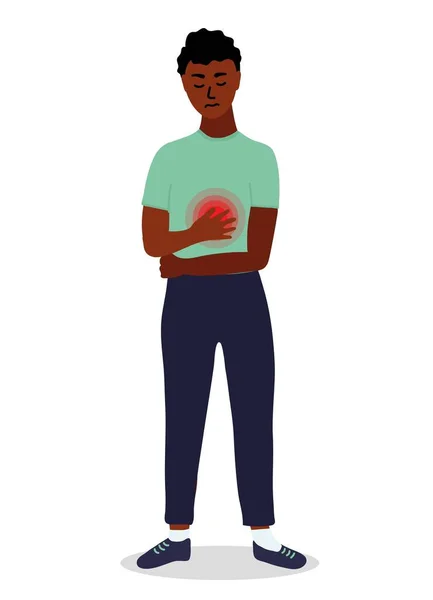 黒人のアフリカ人は胃に強い痛みを感じる 胃疾患 漫画ベクトル — ストックベクタ