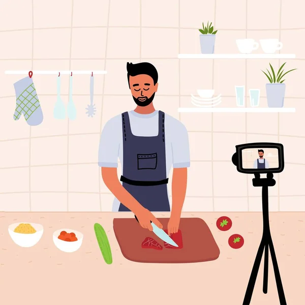 Cocinero Masculino Cocinar Cocina Durante Grabación Vídeo Utilizando Cámara Para — Archivo Imágenes Vectoriales