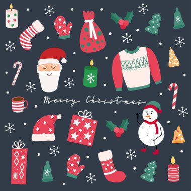 Renkli vektör Noel elementleri kümesi. Kar taneleri, Noel Baba, Noel ağacı, hediyeler ve diğer unsurlar. Yeni yıl dekorlu bir resim. Parmak izi ve kartlar için tasarım. Koyu mavi arkaplanda izole edilmiş vektör illüstrasyonu.
