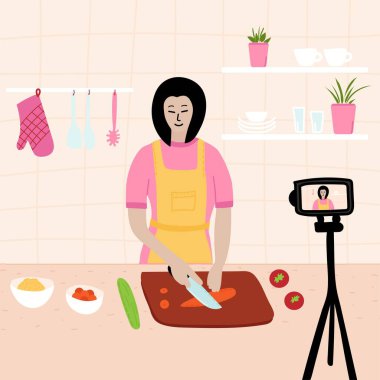 Çinli Japon kadın aşçı, kamerasını online video kanalı için kullanırken mutfakta yemek pişiriyor. Evde sağlıklı yemekler pişir. Ev yapımı yemekler. Aşçılık video blogu ya da master. Vektör illüstrasyonu