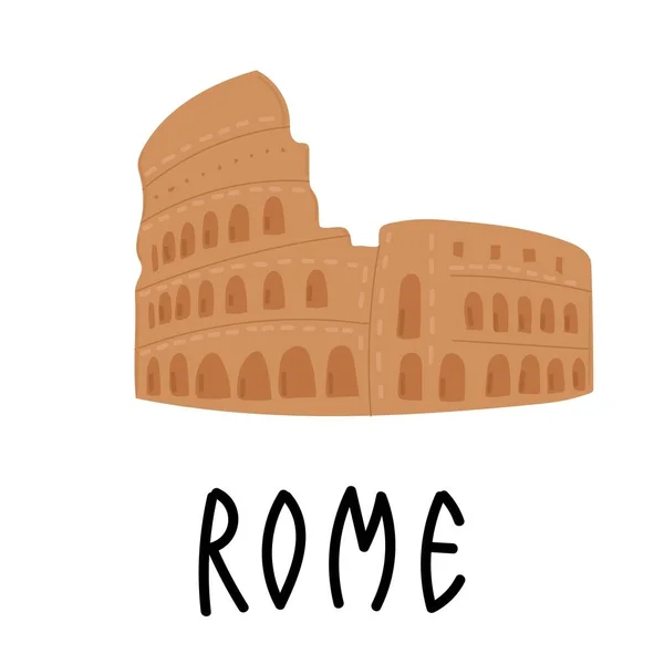 Cartoon Colosseum Italië Witte Achtergrond Met Met Hand Getekend Belettering — Stockvector