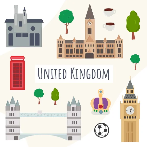 英国的一套符号 带有英国地标 建筑物 植物的旅行图解 有趣的游客信息图形 国家象征 著名的景点 矢量说明 — 图库矢量图片