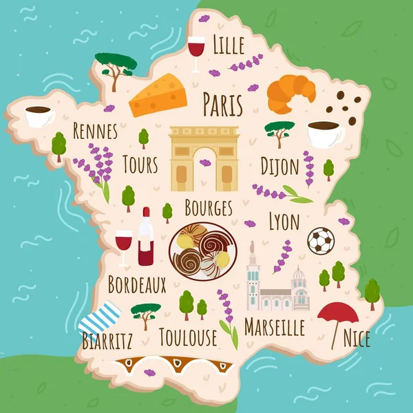 フランスの漫画地図 ランドマーク 食品や植物と旅行イラスト 面白い観光インフォグラフィック 国のシンボル 有名なアトラクション ベクターイラスト — ストックベクタ