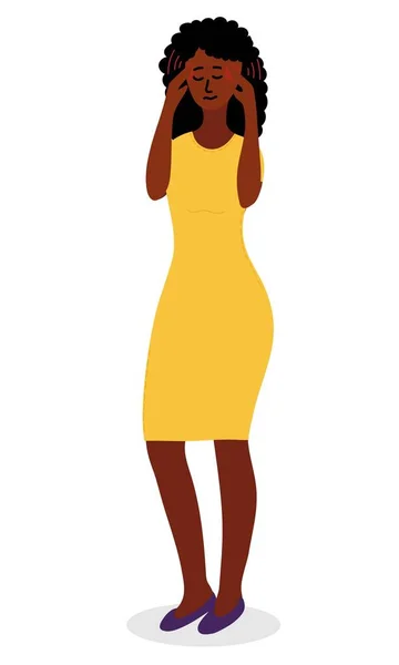 穿着红色衣服的非洲黑人妇女感到一种强烈的严重头痛 她把手指贴在太阳穴上 永远的痛苦 卡通矢量图解 — 图库矢量图片