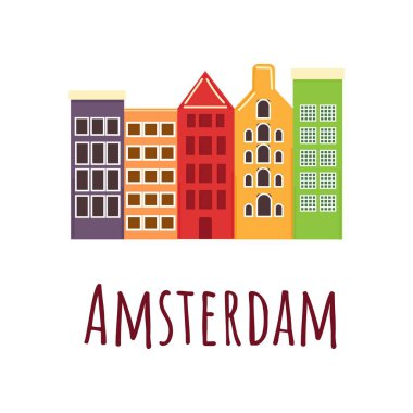 Tipik Amsterdam binaları parlak renklerle boyanmış. Düz bir şekilde vektör illüstrasyonu.
