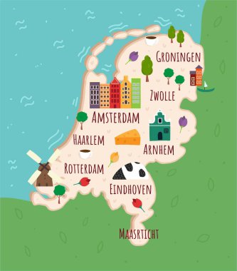 Hollanda 'nın karikatür haritası. Hollanda simgeleriyle, binalarla, yiyeceklerle ve bitkilerle gezin. Komik turist bilgi grafikleri. Ulusal semboller. Meşhur cazibeler. Vektör illüstrasyonu.