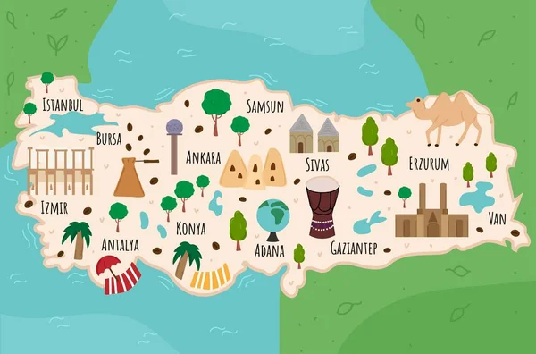 터키의 카툰 지도. 푸르스름 한 지형, 건물, 식품 및 식물을 가지고 여행하는 예를 들어 설명하라. 재미있는 관광 인포 그래픽. 국가의 상징. 유명 한 명소들. 벡터 일러스트. — 스톡 벡터