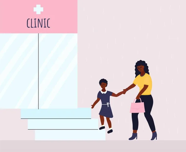 Afrikalı siyahi anne ve kızı kliniğe ya da çocuk hastalıkları bölümüne gidiyor. Kot pantolonlu esmer anne, kestane rengi elbiseli ve beyaz kemerli küçük bir kızın elini tutuyor. Çizgi film vektörü — Stok Vektör