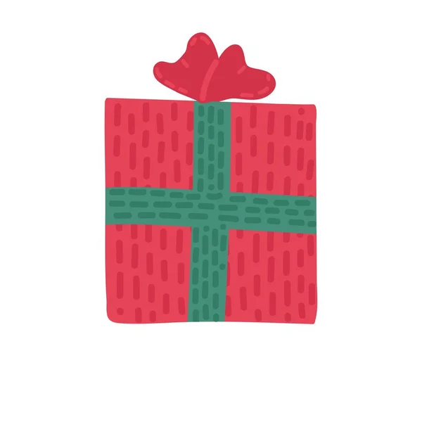 Regalo de Navidad con decoraciones de color verde brillante. Divertido rojo una caja con una sorpresa en el interior. Estilo escandinavo. Ilustración vectorial de dibujos animados aislada sobre un fondo blanco — Vector de stock