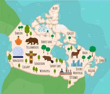 Kanada karikatür haritası. Kanada işaretleri, binalar, yiyecek ve bitkilerle seyahat resimleri. Komik turist bilgi grafikleri. Ulusal semboller. Meşhur cazibeler. Vektör illüstrasyonu