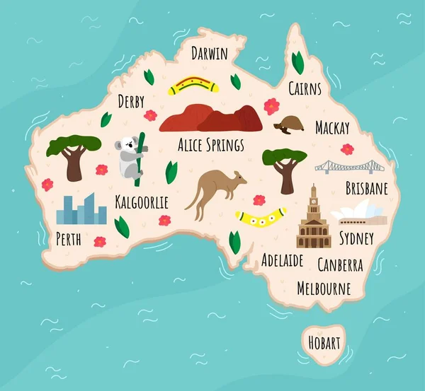 Kreskówkowa Mapa Australii Ilustracja Podróży Australijskich Zabytków Budynków Żywności Roślin — Wektor stockowy