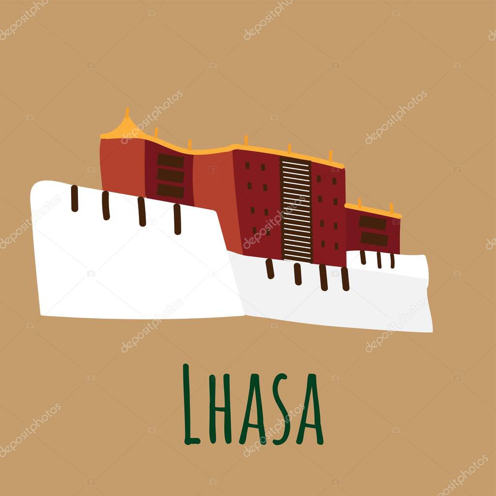 Lhasa monastery landscape isolated on brown background. Hand drawn vector illustration.