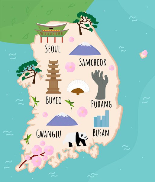 Cartoon map of Republic of Korea. Travel illustration with landmarks, buildings, food and plants. Funny tourist infographics. National symbols. Famous attractions. Vector illustration.