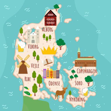 Stylized map of Denmark. Cartoon map with travel illustration. Famous landmarks, buildings, food and plants. Funny tourist infographics. National symbols. attractions. Vector illustration. clipart