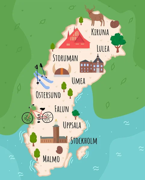 Mapa Estilizado Suecia Mapa Dibujos Animados Con Ilustración Viaje Monumentos — Vector de stock